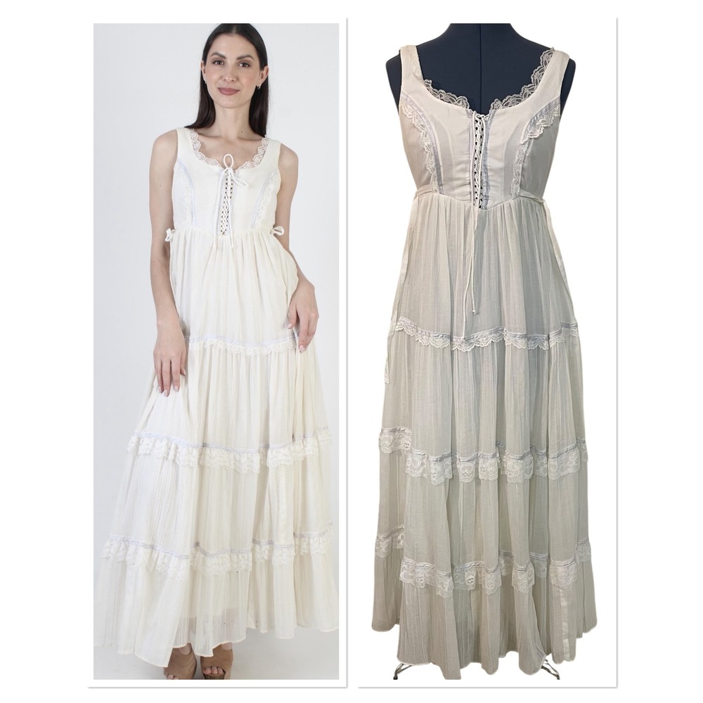 Vtg Gunne Sax Jessica Cream Lace Blue Trim Tiered Maxi Dress Milkmaid Prairie XS